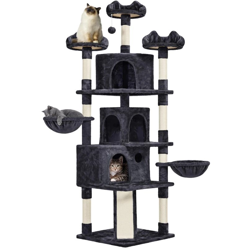 Yaheetech 194cm Large Cat Tree, Multi-Level Cat Tower with 3 Big Comfy Condos, Scratching Posts, 3 Cozy Perches, 2 Baskets, Activity Center for Indoor Cats Black