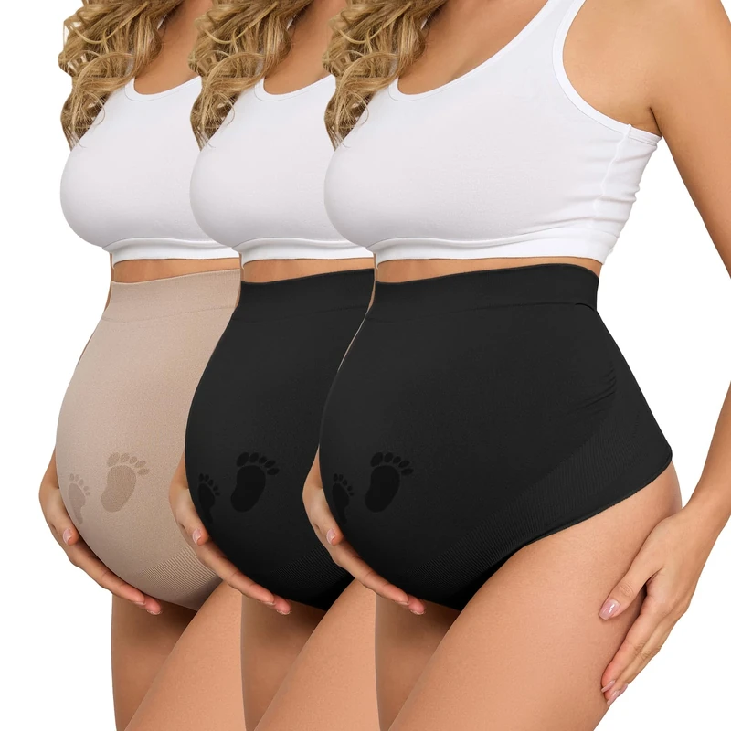 Y25D Maternity Thongs for Women, Seamless Maternity Underwear Over Bump Maternity Panties for Pregnant Women, 2*black+1*nude, L