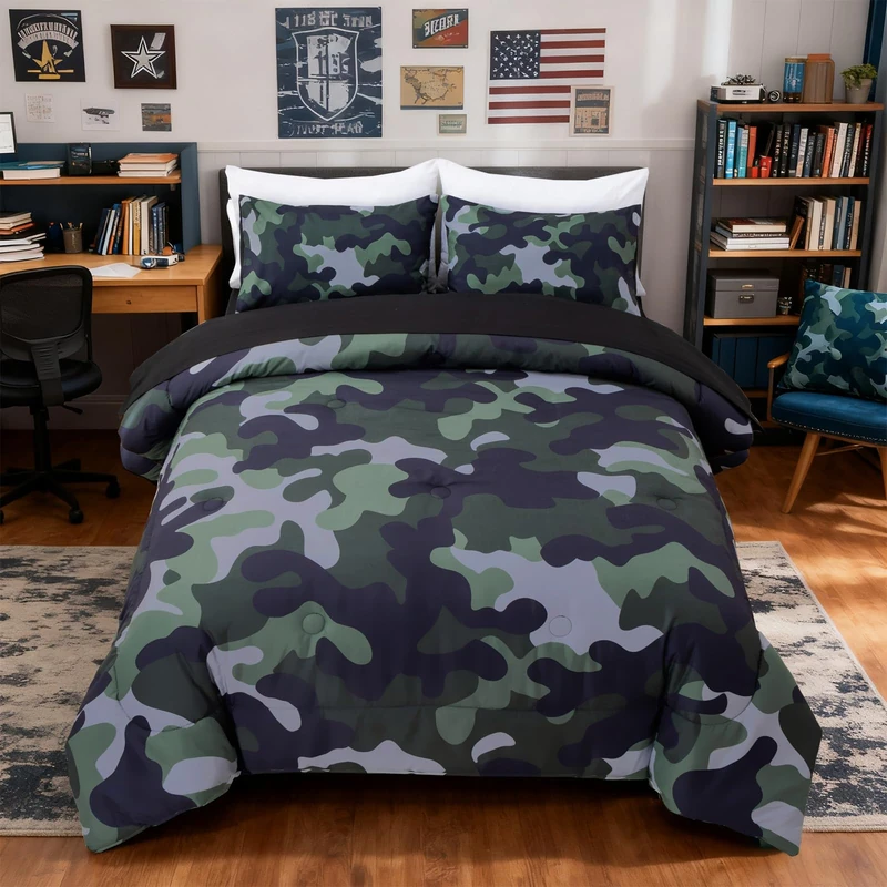 Holawakaka Full Size Camouflage Bedding Comforter Set with Sheets,Boys Girls Men Camo Bed in A Bag 5 Pieces,Kids Teens Dorm Bed Sets Neutral Farmhouse Lodge Cabin Army Bedspread (Dark Green,Full)