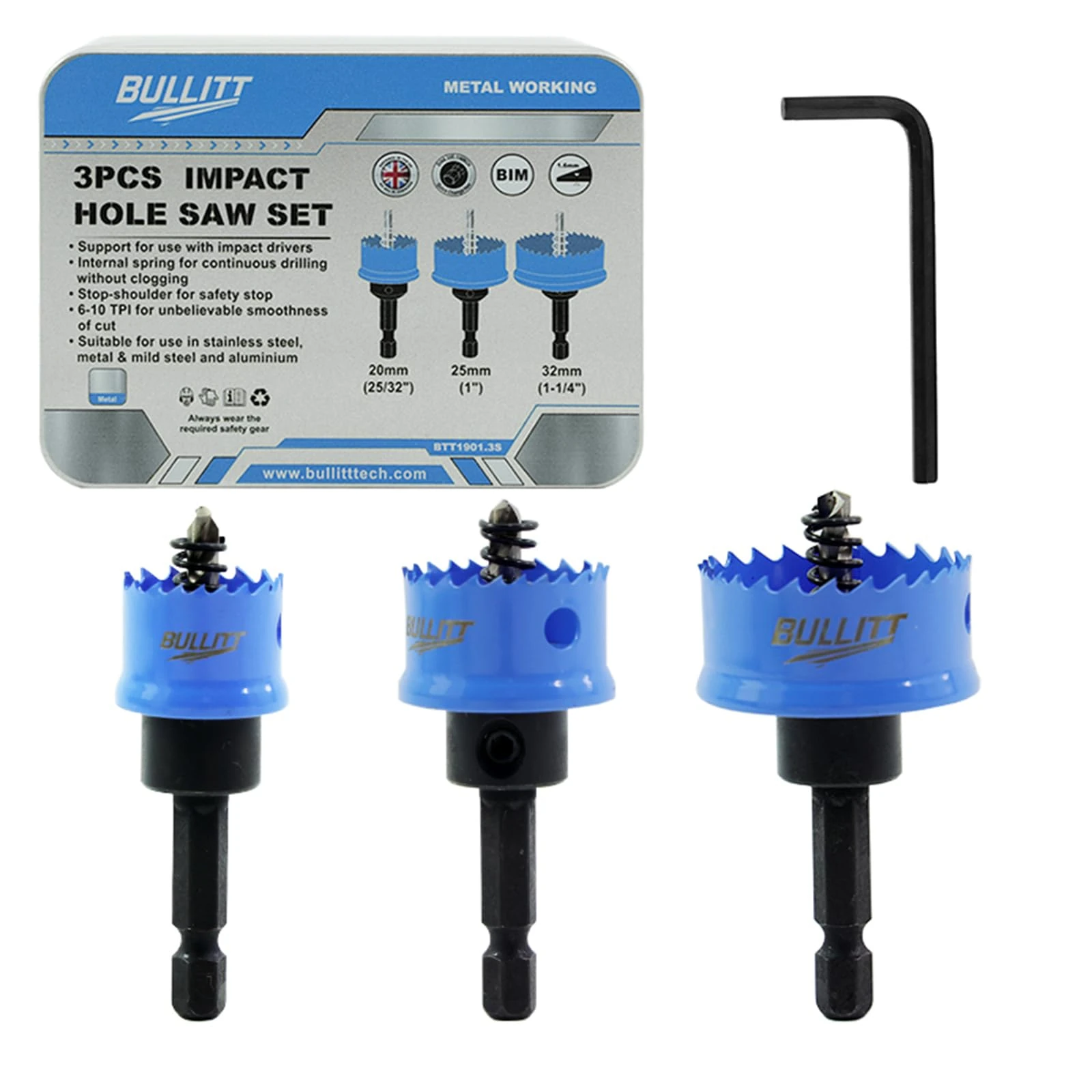BULLITT 3PCS M42 HSS Bi-Metal Hole Saw Set, 20,25,32MM Hex Shank Impact Hole Cutter Set Perfect for Drilling Thin Metal,Stainless Steel,Mild Steel and Aluminium