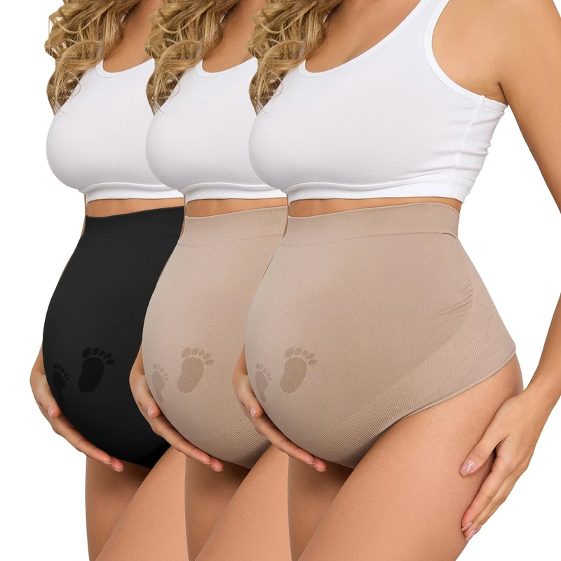 Y25D Maternity Thongs for Women, Seamless Maternity Underwear Over Bump Maternity Panties for Pregnant Women, 2*nude+1*black, L