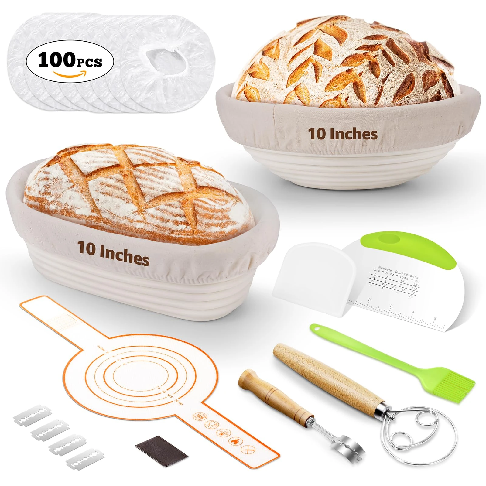 REMEIT Sourdough Starter Kit, 10"Banneton Bread Proofing Basket Oval Round Banneton Basket Set Sourdough Bread Baking Supplies with Proofing Cover, Bread Making Tools, Rattan Bread Proofing Basket