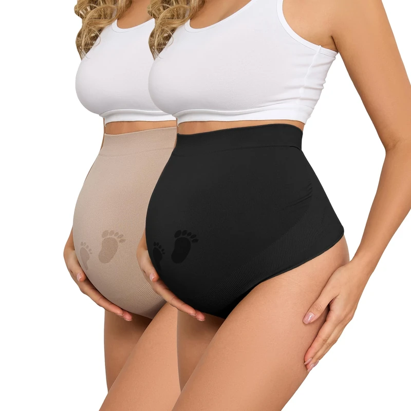 Y25D Maternity Thongs for Women,Seamless Maternity Underwear Over Bump Maternity Panties for Pregnancy Postpartum, 1*black+1*nude, L