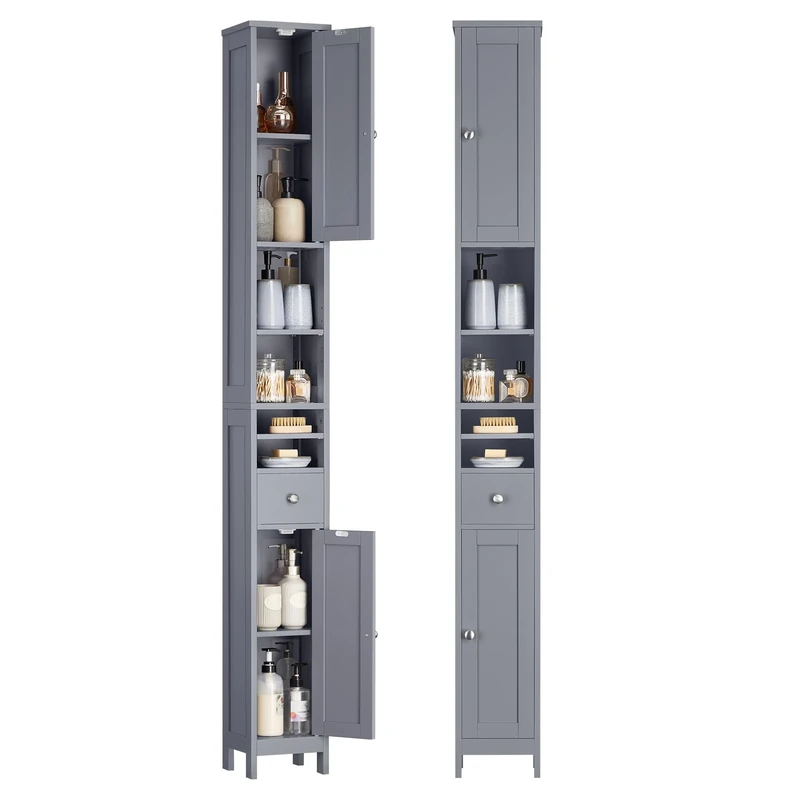 VASAGLE Tall Bathroom Cabinet, Slim Bathroom Storage Cabinet, Freestanding Narrow Storage Unit with Adjustable Shelves, Drawer, Open Compartments, for Small Spaces, Modern, Dove Grey BBC765G02