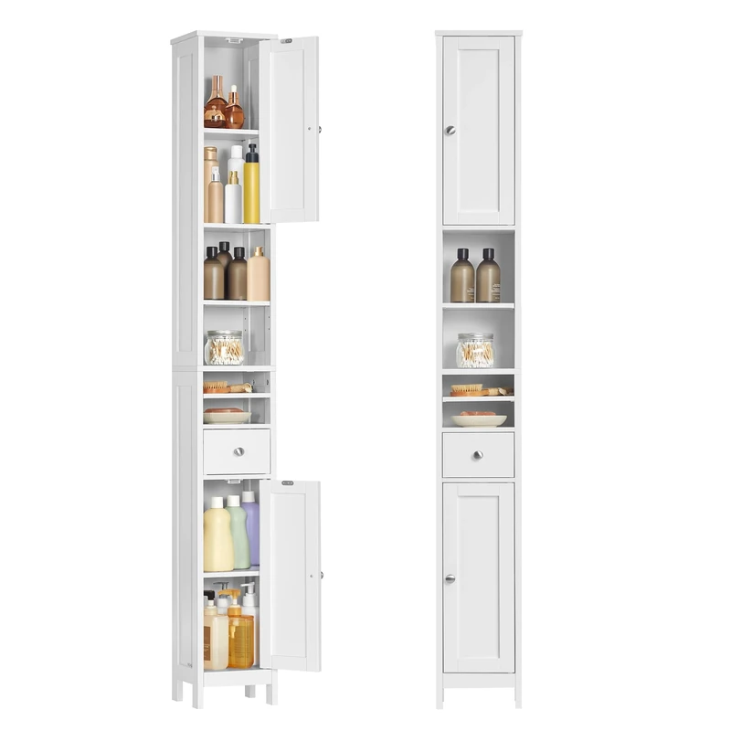 VASAGLE Tall Bathroom Cabinet, Slim Bathroom Storage Cabinet, Freestanding Narrow Storage Unit with Adjustable Shelves, Drawer, Open Compartments, for Small Spaces, Modern, Cloud White BBC765W01