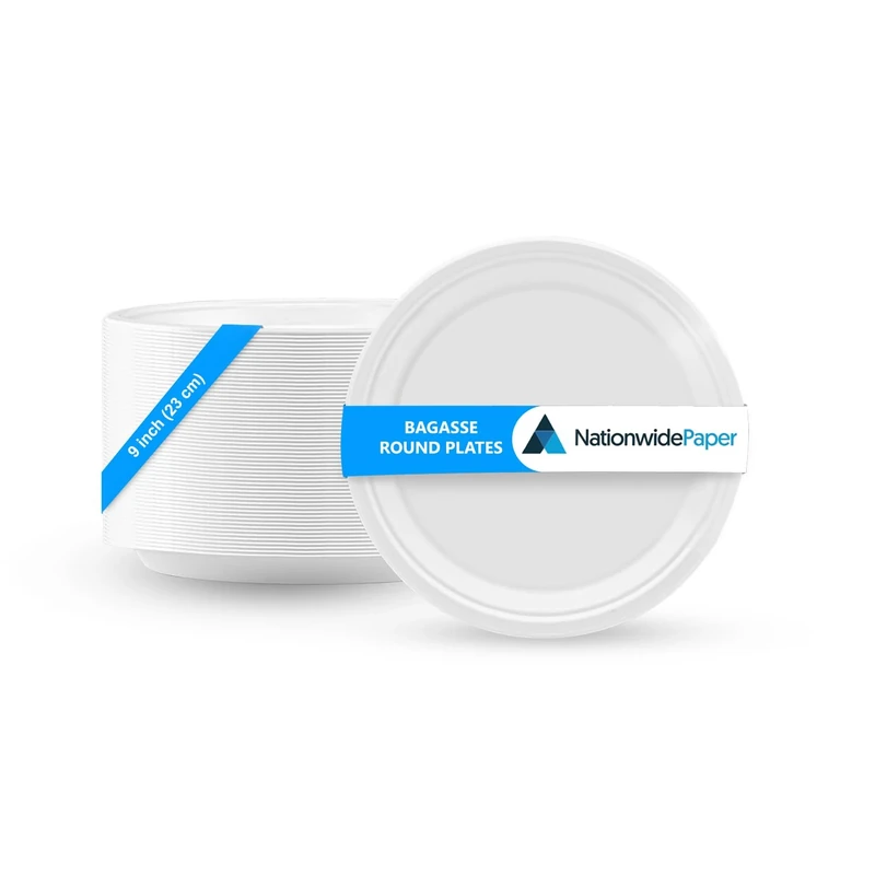 Nationwide Paper 9 Inch Bagasse Biodegradable Plates, Extra Strong White Party Plates for Picnic, BBQ, & Events - 500 pcs (23cm)