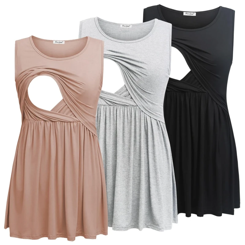 Bearsland Women's Maternity Nursing Tank Tops Sleeveless Scoop Neck Soft Breastfeeding Shirt, Black & Light Grey & Dirty Pink, L