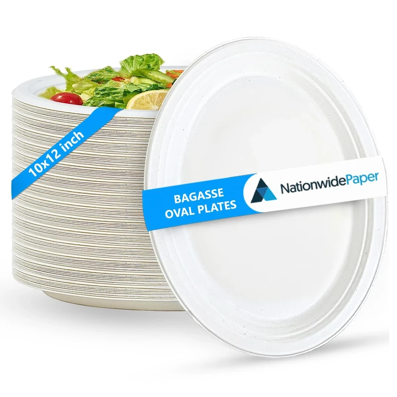 Nationwide Paper 10x12Inch Disposable Oval Paper Plates, Large, Heavy Duty, Eco-Friendly, White Bagasse Paper Plates, 500Pcs