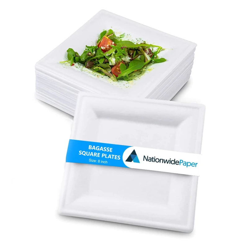 Nationwide Paper 10 Inch Bagasse Square Paper Plate, Eco-Friendly White Compostable Plates Pack of 500 (25cm) - Image 1