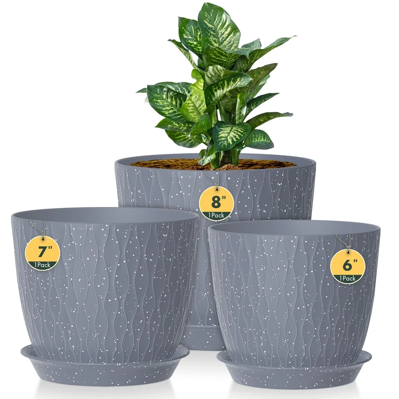 3 Pack Plastic Plant Pots,20/18/15CM,Flower Pot Large Plant Pots Indoor Outdoor Plastic Plant Pot with Drainage Holes and Tray for House Plant Flower(Grey Speckles)
