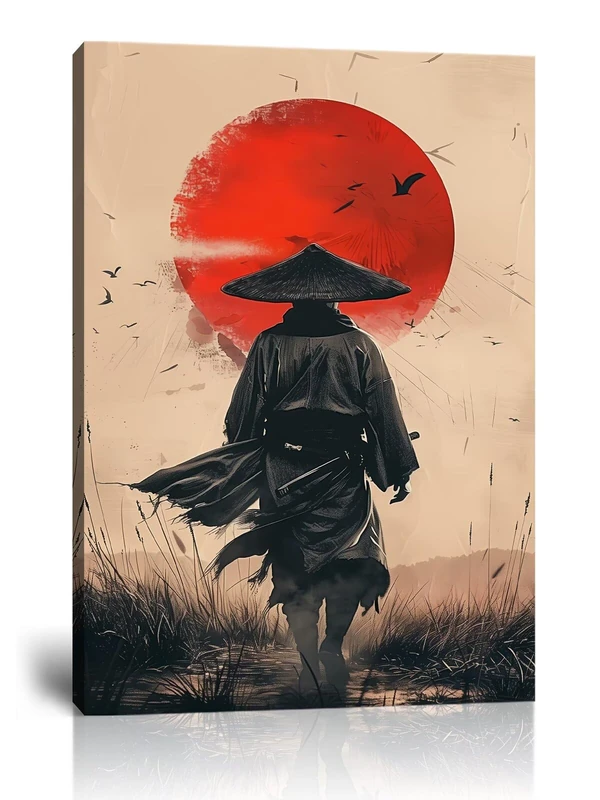 Japanese Wall Art Samurai Painting Canvas Prints Japaneses Martial Pictures Culture Art Posters Artwork Home Decor Framed for Living Room Bedroom Office (24''W x 36''H)