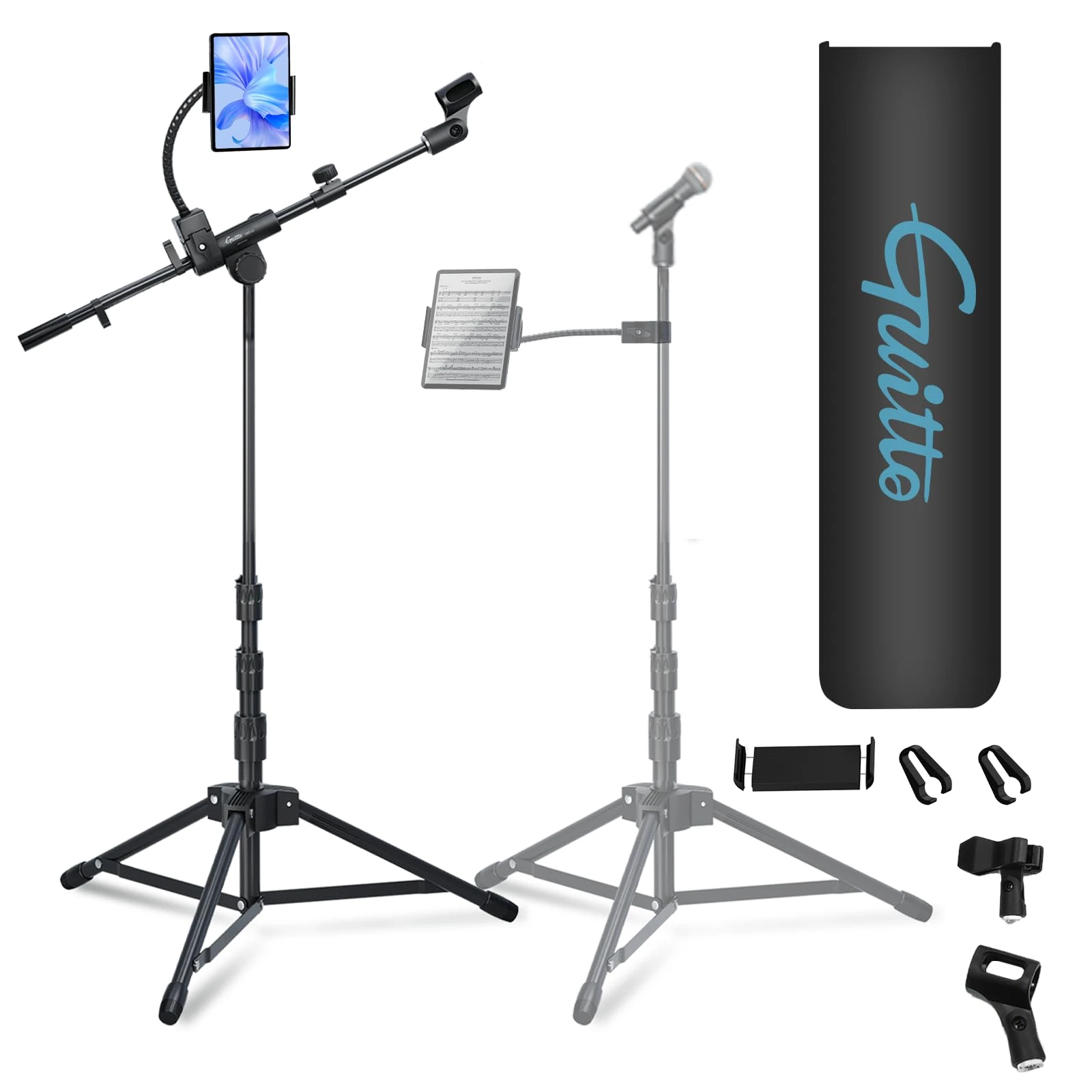 GUITTO Microphone Floor Stand for Tablet/Phone Holder, Adjustable Boom Mic Stand with Heavy-Duty Base, Dual Device Mount for Streaming, Podcasting, Recording, and Live Performances GMS-04