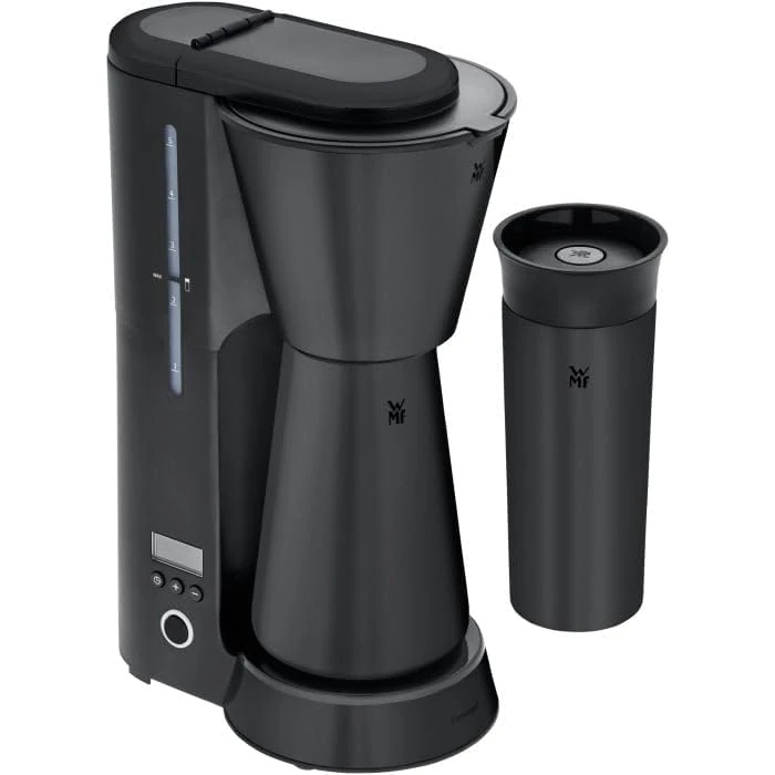 WMF Küchenminis Aroma Filter Coffee Maker with Thermos Jug, 870 Watts, Takeaway Thermos Cup, Small Coffee Takeaway Machine, Timer, Matte Black Stainless Steel