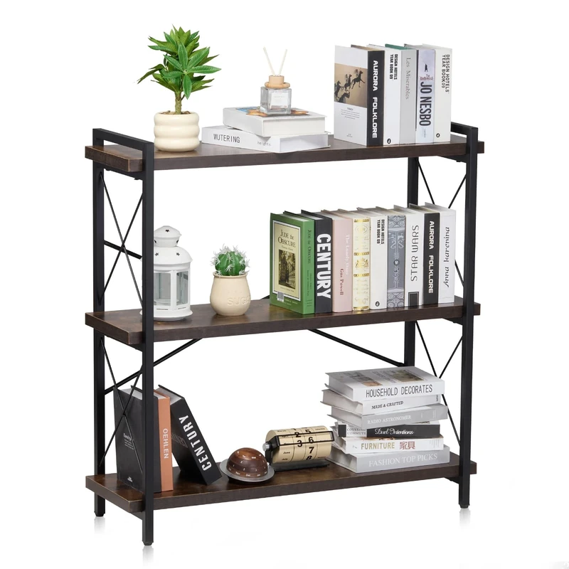 VEVOR Metal Bookshelf, 3-Tier Industrial Bookshelf, Small Rustic Storage Display Bookcase with Open Shelves, Freestanding Display Vintage Shelving Unit Storage Rack, for Living room, Bedroom & Office