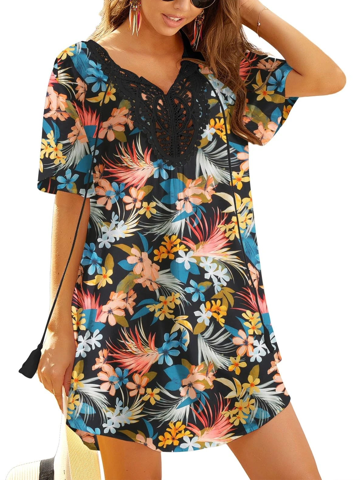 Ekouaer Beach Dresses for Women V-Neck Bikini Cover Ups Lace Crochet Short Sleeve T Shirt Swimsuits Casual Dress Plumeria Print M