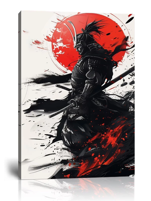 Japanese Samurai Wall Art Warrior Pictures Wall Decor Armored Samurai Painting Canvas Prints Bushido Poster Artwork Modern Home Decor Framed for Bedroom Living Room Office (24''W x 36''H)