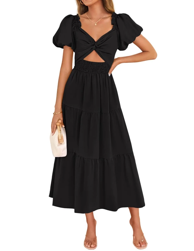ZESICA Womens Summer Casual Cutout Flowy Vacation Maxi Dress, Black, L