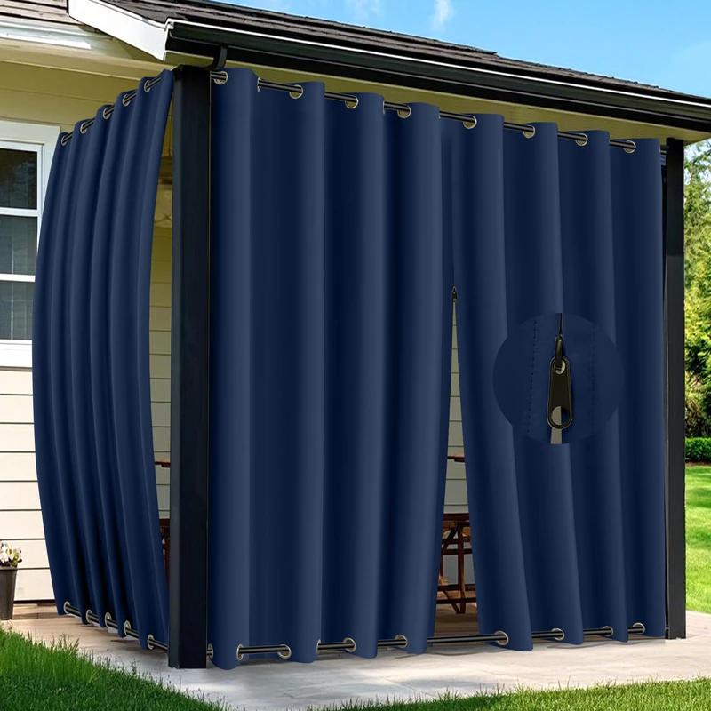 Arfntevss Outdoor Curtains for Patio Waterproof 2 Panels Blackout Extra Wide Curtains with Zipper Top & Bottom Grommet Sun Blocking Outdoor Privacy Drape for Gazebo Porch Pergola (110x108, Navy Blue)