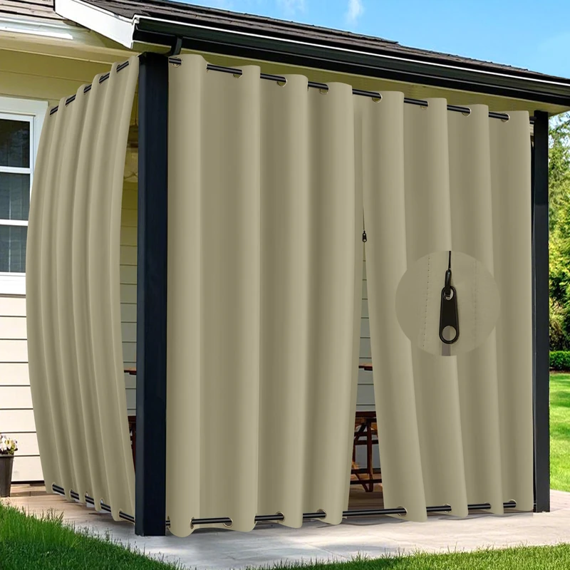 Arfntevss Outdoor Curtains for Patio Waterproof 2 Panels Blackout Curtains 108 inch Long with Zipper Top & Bottom Grommet Sun Blocking Outdoor Privacy Drape for Gazebo Porch Pergola (54x108, Khaki)