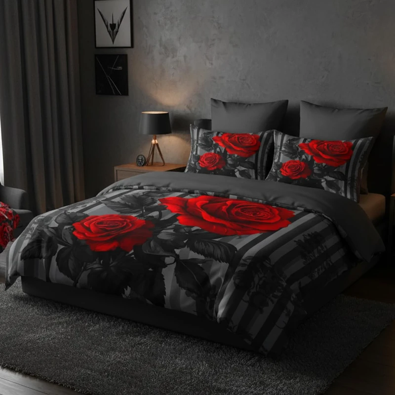CCoutueChen Comforter Set Queen Size for Women Romantic Red Rose Comforter Set Black Floral Bedding Set for Bedroom Decor - 3Piece Soft Fluffy Microfiber with 2 Pillowcases