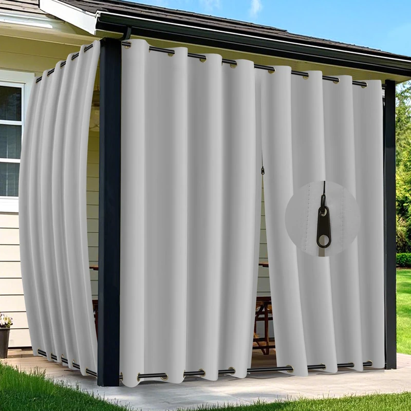 Arfntevss Outdoor Curtains for Patio Waterproof 2 Panels Blackout Curtain 120 inch Long with Zipper Top & Bottom Grommet Sun Blocking Outdoor Privacy Drape for Gazebo Porch (54x120, Light Gray)