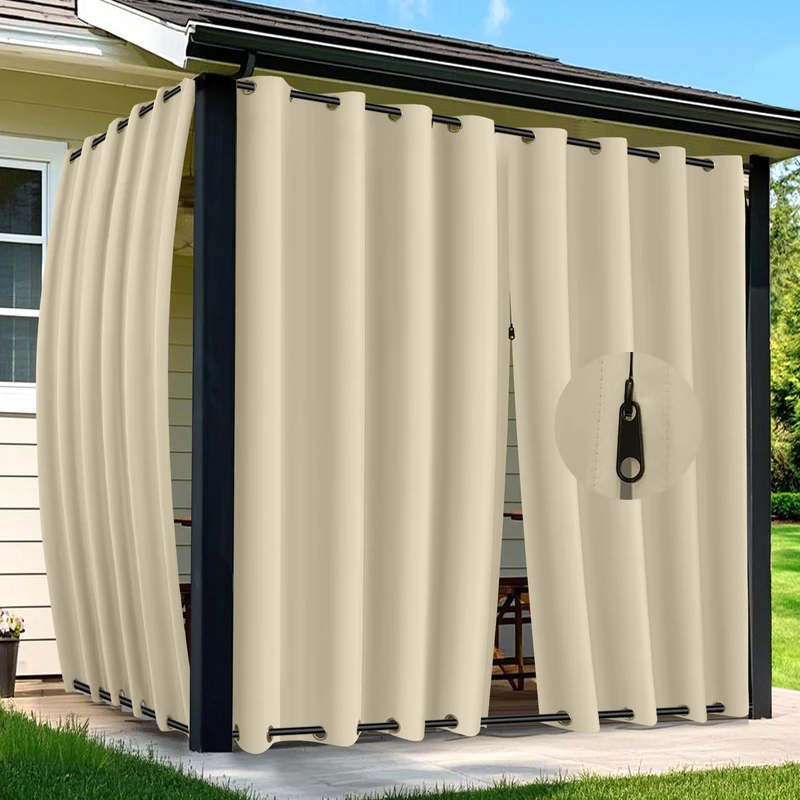 Arfntevss Outdoor Curtains for Patio Waterproof 2 Panels Blackout Curtains 108 inch Long with Zipper Top & Bottom Grommet Sun Blocking Outdoor Privacy Drape for Gazebo Porch Pergola (54x108, Beige)
