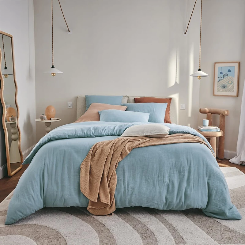 Essix Cotton Gauze Duvet Cover, 240 x 220 cm, Tendresse Heure Bleue