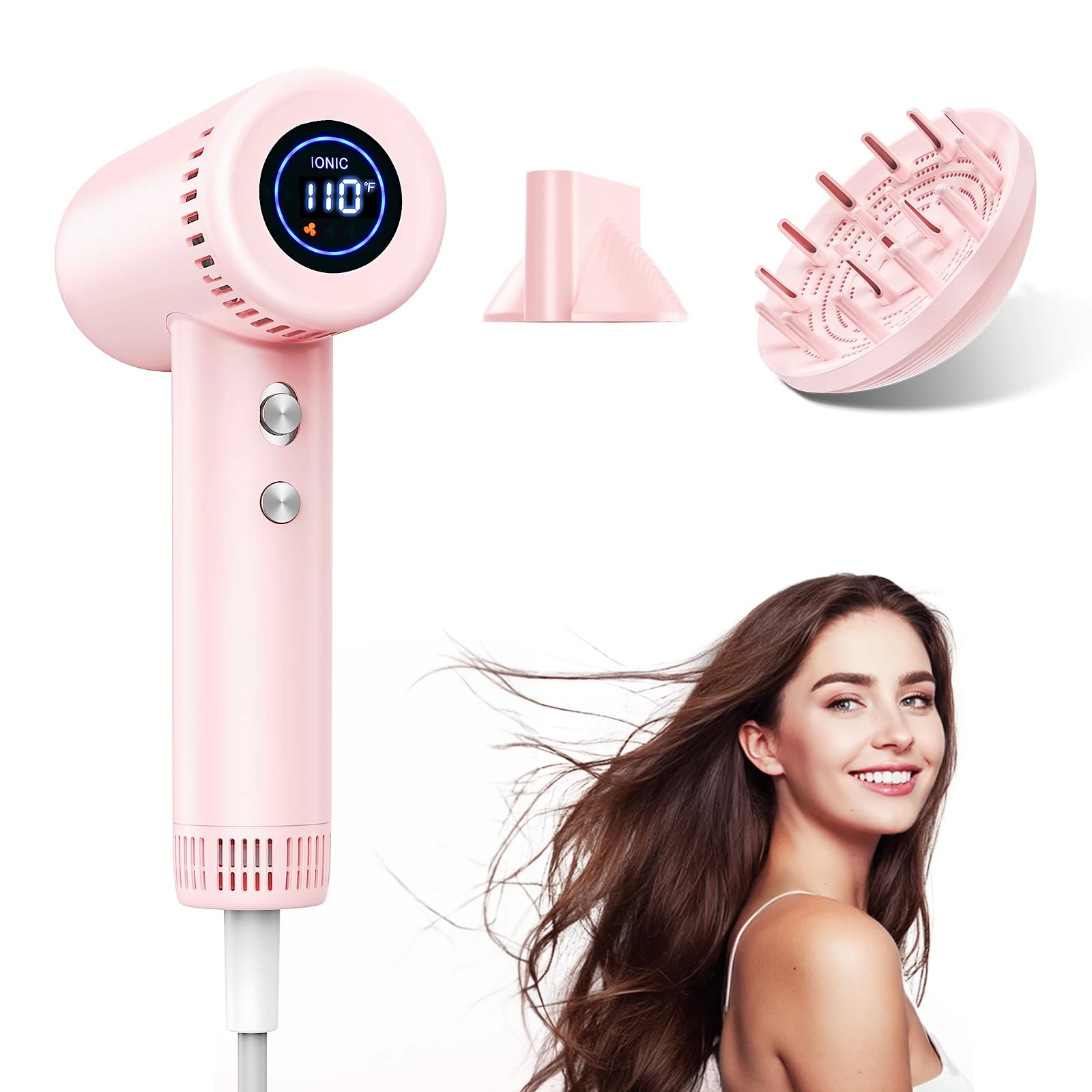 Ionic Hair Dryer with Diffuser - 160,000 RPM High Speed Fast Drying Hairdryer for Women, 500 Million Anti-Frizz Negative Ions, 9 Temps Set, Travel Blow Dryer for Curly Smooth Hair, Auto Clean