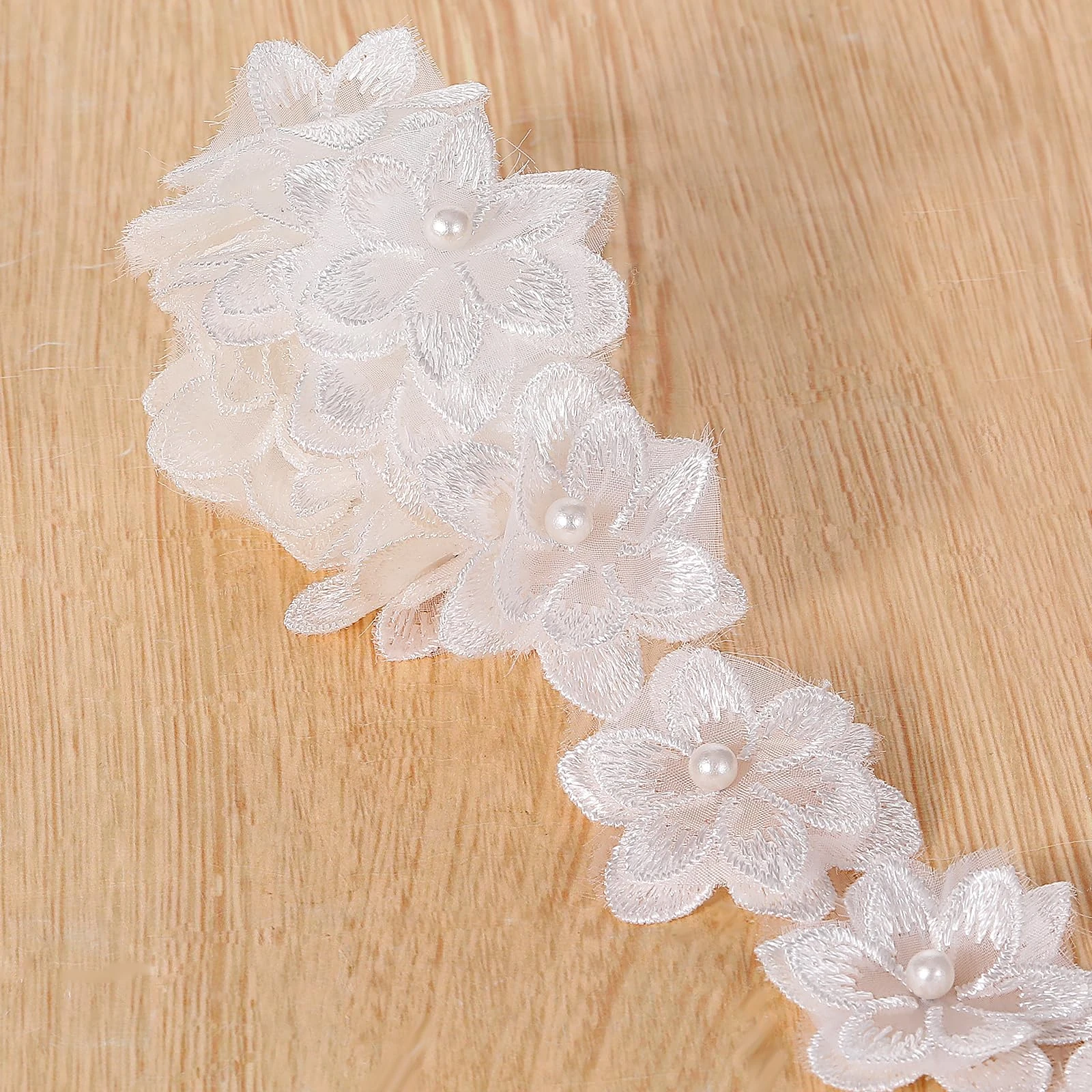 Organza Flower Trim 2 Yards Lace Edge Trim Ribbon, 3D Pearl Beads Flower Lace Trim Embroidered Applique Sewing Craft for Wedding Dress Embellishment DIY Dress Decor Gowns Home Decor (White)