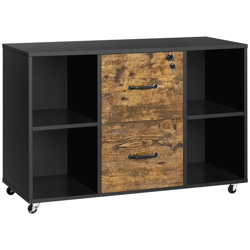 Yaheetech Mobile File Cabinet, Lateral Storage Cabinet 2 Drawers and 4 Open Storage Shelves, Home Office Rolling Printer Stand Side Filing Cupboard, Black/Rustic Brown