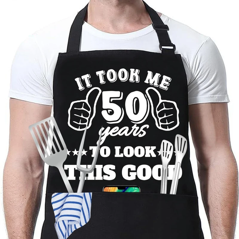 JOUWUI 40th 50th 60th 65th 70th 75th Birthday Gift for Men, Cooking Grilling BBQ Chef Aprons With 3 Pockets, Kitchen Gift
