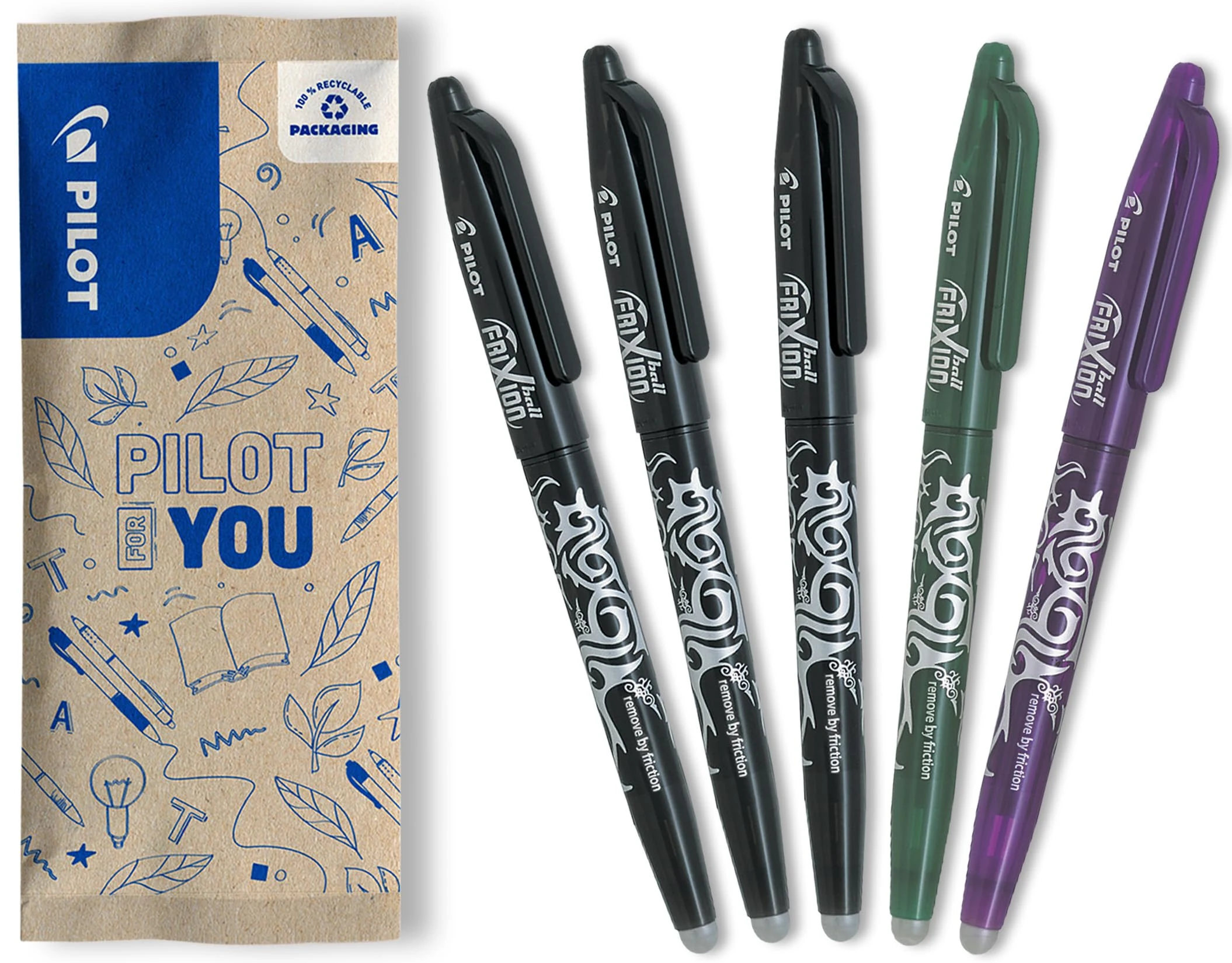 PILOT - Set of 5 FriXion Ball 07 - Erasable Thermosensitive Ink Pen - Refillable Roller Pen - 3 Black, 1 Green, 1 Purple - Medium Tip