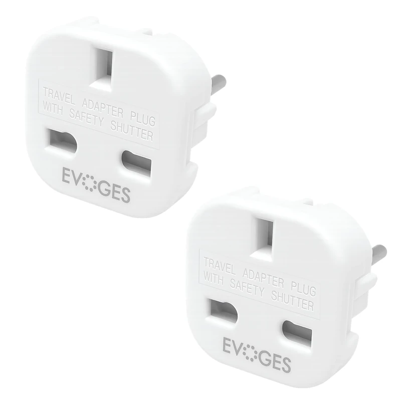 Evoges UK to European EU Travel Adapter Plug Type G to Type C,E,F, 3 Pin to 2 Pin Travel Europe White (Pack of 2)