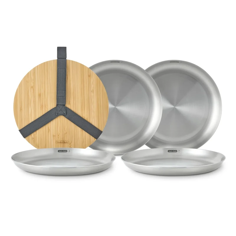 Black+Blum Picnic Plate Set of 4 - Stainless Steel Plates with a Bamboo Chopping Board Lid and Carry Strap