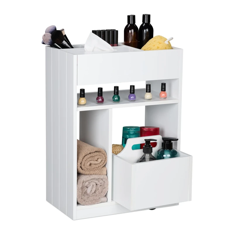 Relaxdays Niche Trolley, Narrow Storage Shelf, Kitchen & Bath, Mobile Cart, Wheeled Bookcase, 55x38,5x23 cm, White, Plastic, Fibreboard
