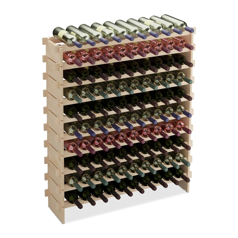 Relaxdays Wine Rack, for 100 Bottles, Stackable, HWD: 120x103x25 cm, Extendable, Horizontal Storage, Pine Wood, Natural