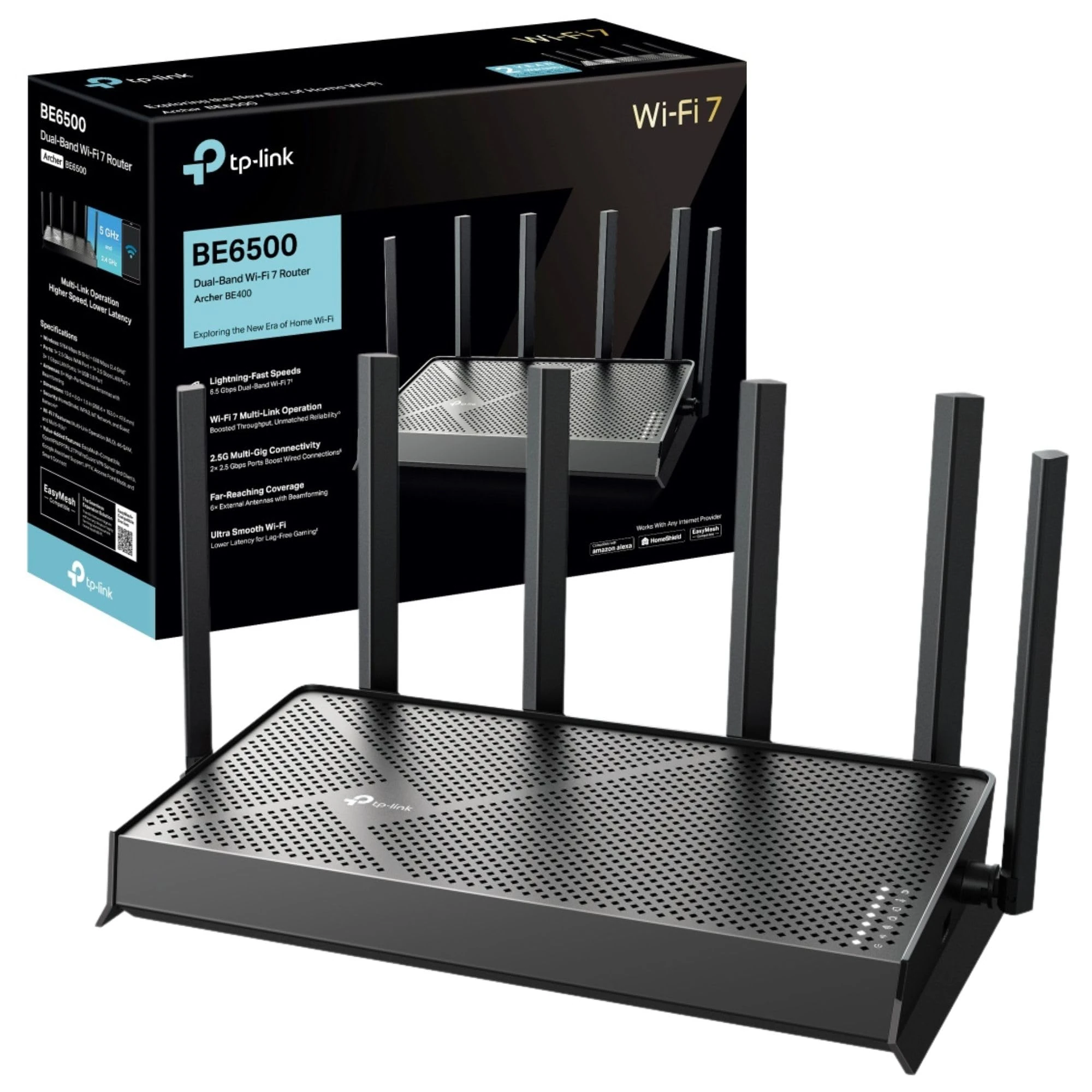 TP-Link Archer BE400, BE6500 Dual-Band WiFi 7 Router, 6.5Gbps Lightning-Fast Speeds, 2.5Gbps Wired Connection, Easy Mesh Compatible WiFi Router, 8K Streaming, HomeShield, Works with Google Assistant