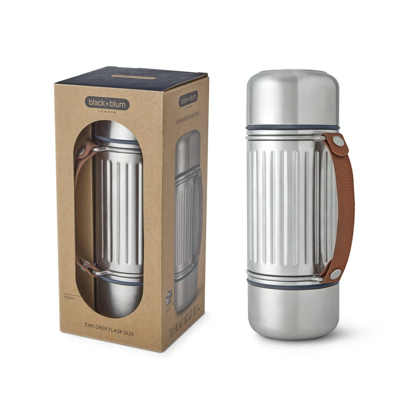 BLACK+BLUM - Insulated Explorer Flask Duo - Vacuum Insulated 304 Stainless Steel Flask with Leak Proof Lid, Nylon Carry Strap and two double-walled steel cups - Keeps Hot and Cold for 24 hours - 1L