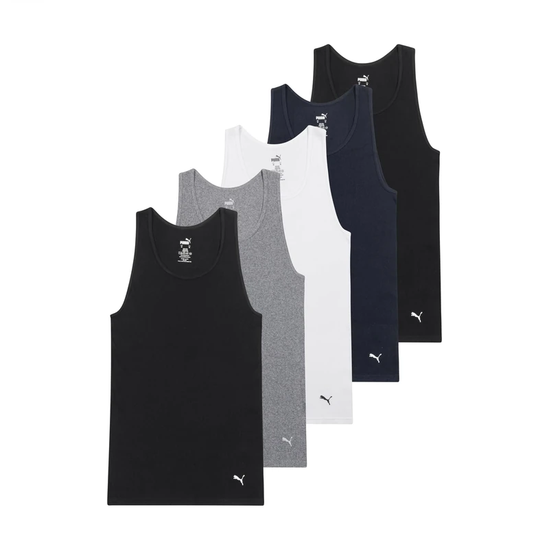 PUMA Men's 5 Pack Cotton Rib Tank Top, Black/Grey/White/Navy, XL