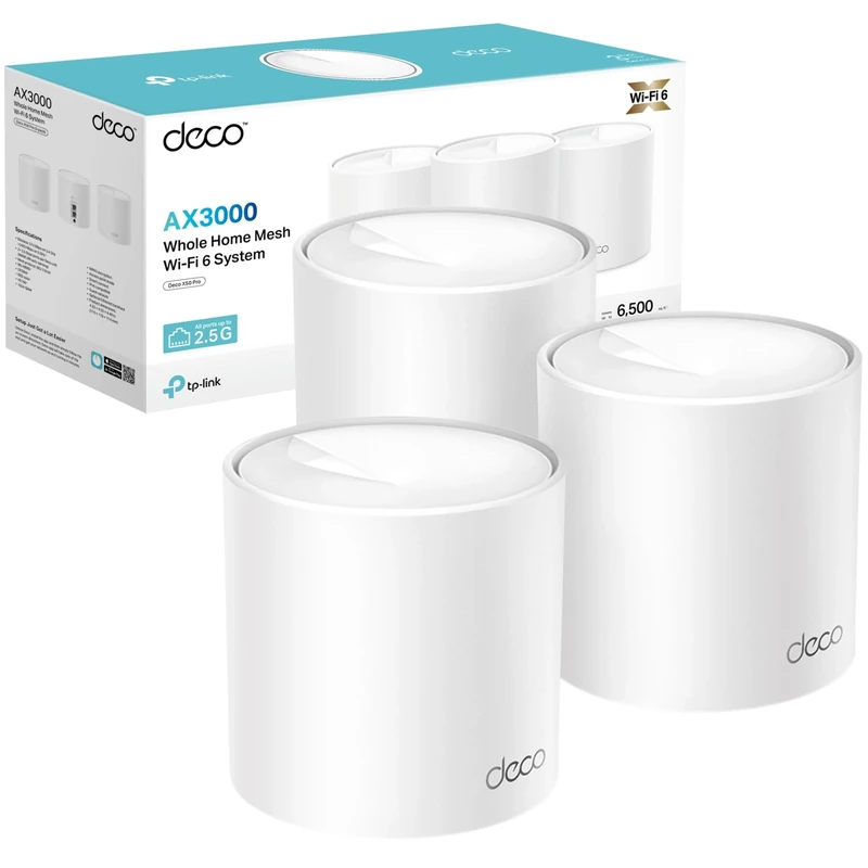 TP-Link Deco X50 Pro(3-pack) Dual-Band AI-Driven Wi-Fi 6 Mesh System, Seamless and Stable Mesh WiFi Booster with Coverage up to 600m2, 3000Mbps Speed,HomeShield, 2.5G Access from Every Port,Easy Setup