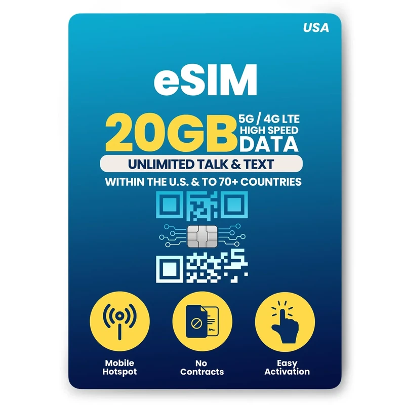 H2O Wireless 90-Day USA eSIM, Prepaid eSIM Card with 20GB High-Speed 4G LTE/5G Data & 5GB Mobile Hotspot, Unlimited Data, Talk & Text to 70+ Countries, US Mobile SIM Card for Cell Phones