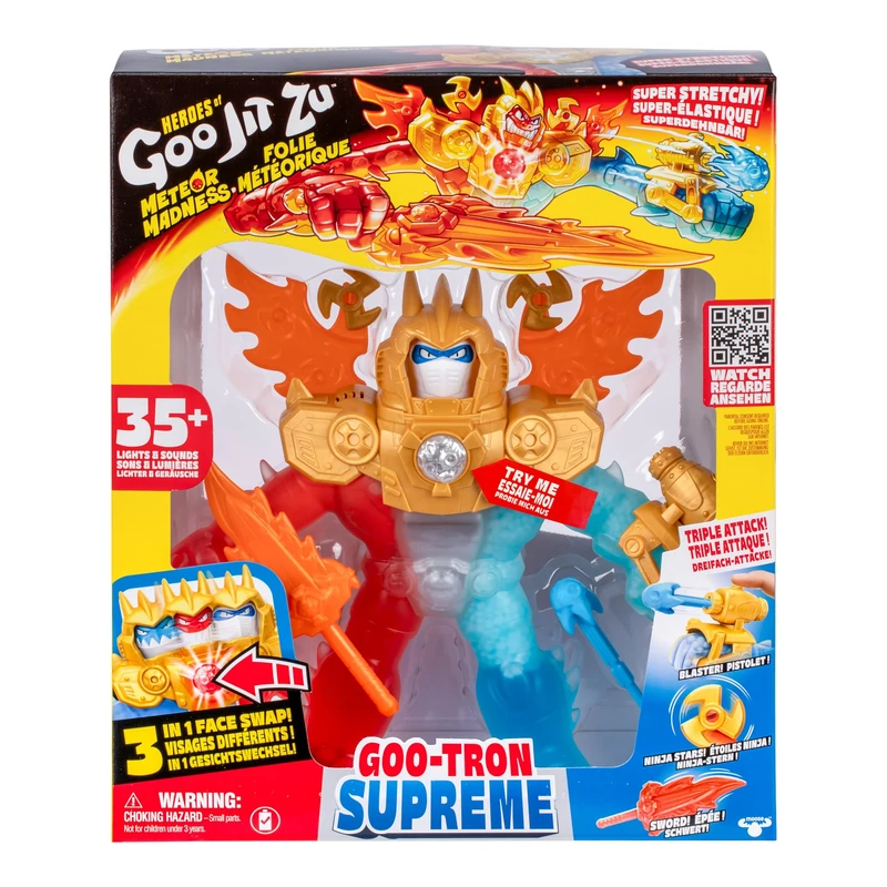 Heroes of Goo Jit Zu Goo-Tron Supreme Combines the Powers of Blazagon, Pantaro & Thrash, 1 Ultimate Hero, 3 Different Slime Fillings, 35+ Phrases & Lights, Face Change & Triple Attack