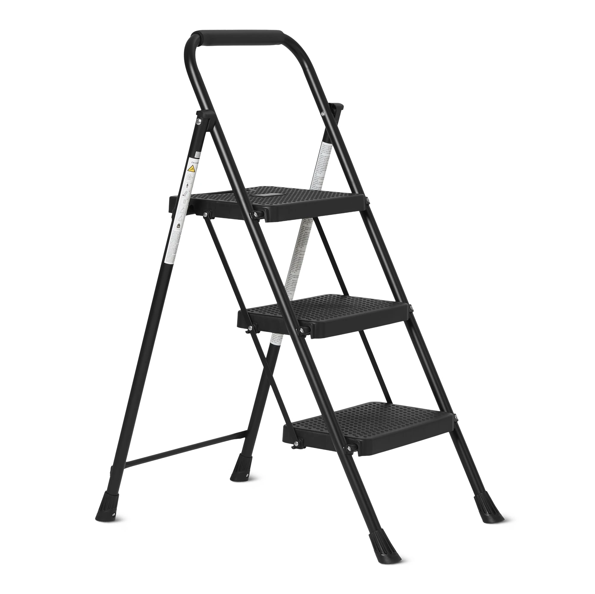 Amazon Basics 3-Step Folding Ladder, Steel Structure with Anti-Slip Feet, Maximum Load Capacity 150kg, Height 100.8 cm (Open), Black