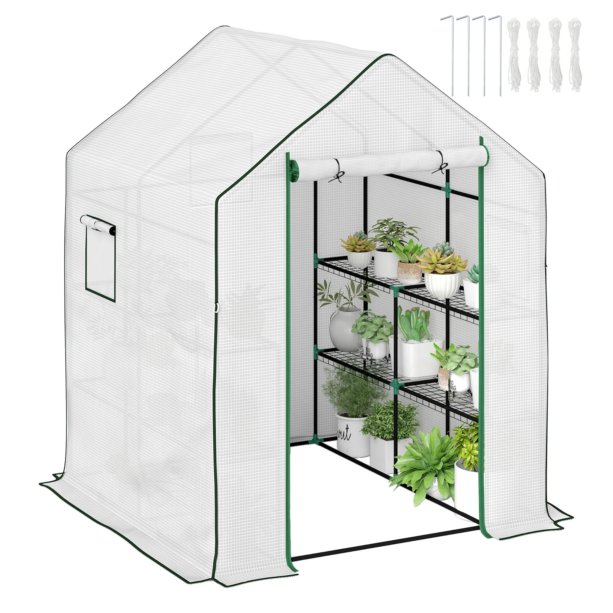 Outsunny Walk-in Greenhouse with 3 Tier 8 Shelves, Small Greenhouse with Reinforced PE Cover, Garden Plant Growhouse with Roll-up Door and Three Mesh Windows, 140 x 143 x 190 cm, White