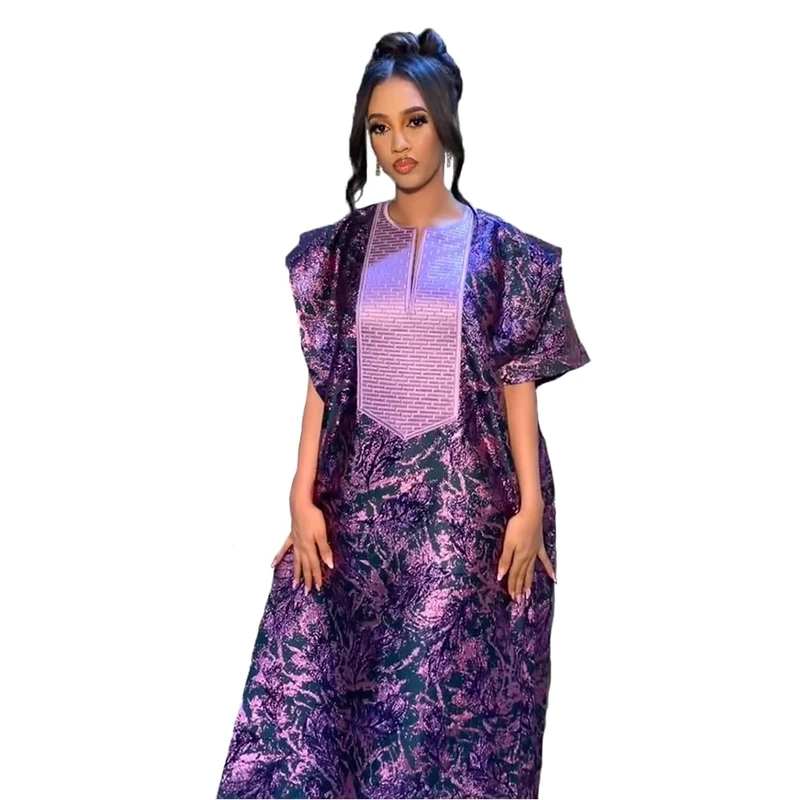 HD African Print Dress for Woman Embroidery Pattern Maxi Dress, Purple-10525, One Size