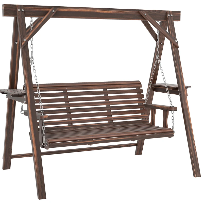 Outsunny 3 Seater Garden Swing Seat, Wooden Swing Chair Bench with Side Tables and Metal Chains, for Outdoor Porch Patio, Carbonised Brown