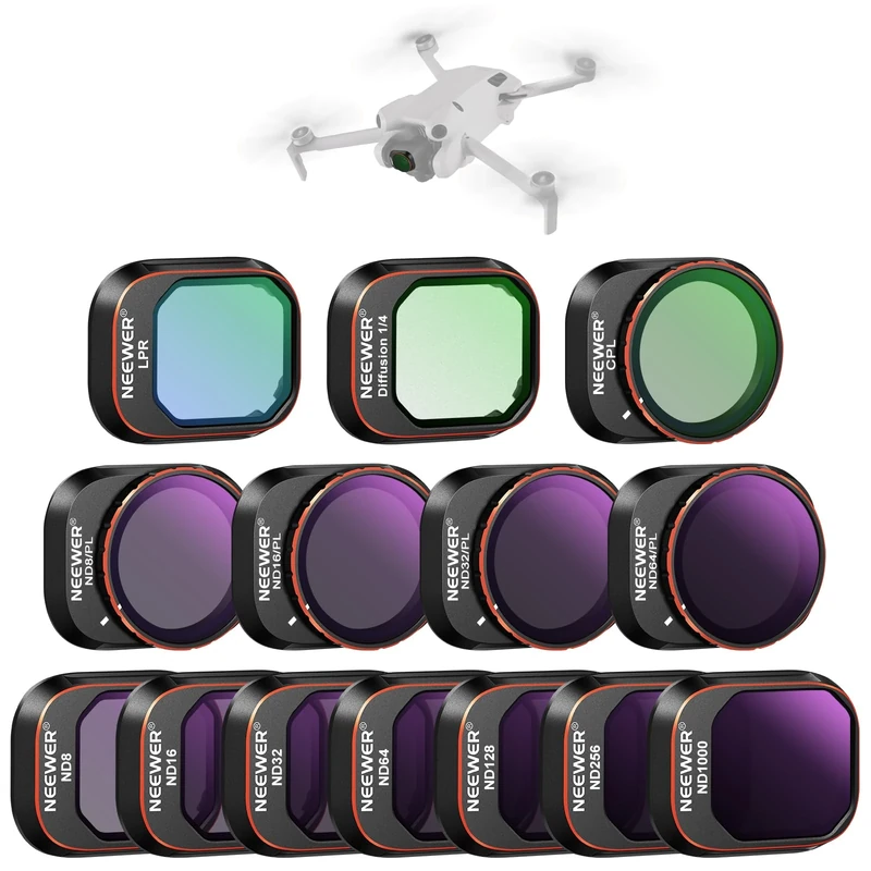 NEEWER 14 Pack Filter Set Compatible with DJI Mini 4 Pro, Polarized ND Filters, ND8 ND16 ND32 ND64 ND128 ND256 ND1000 ND8/PL ND16/PL ND32/PL ND64/PL Black Diffusion 1/4 Light Pollution CPL, FL-B05