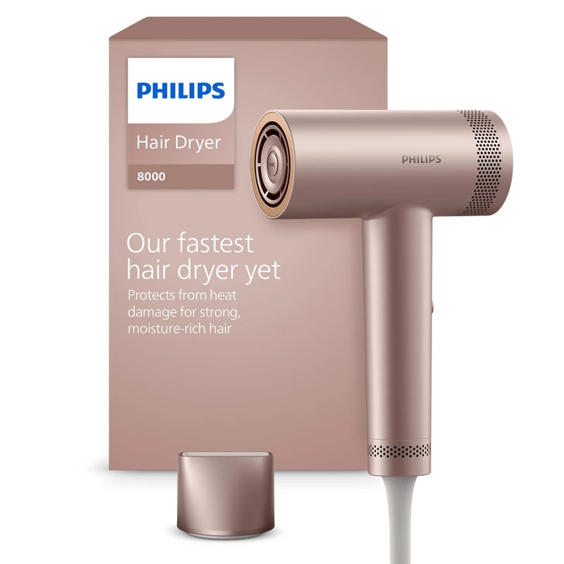 Philips Hair Dryer 8000 Series, with ThermoShield Advanced, Ionic, Brushless DC Motor, Scalp Care, 1400W, Rose Champagne, Model BHD837/03