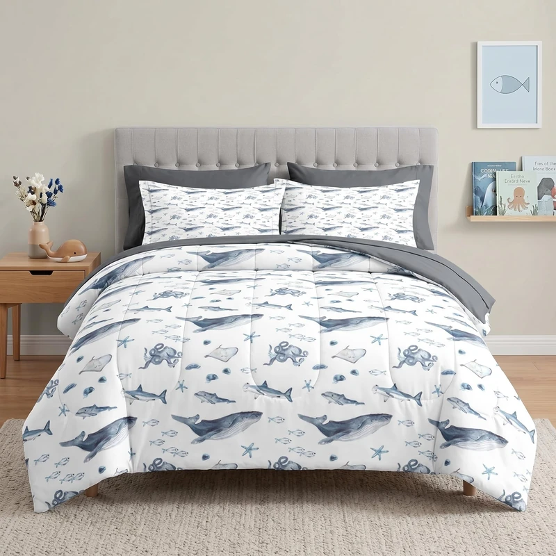 Pamnest Comforter Set Queen Size, Whale Jellyfish 7 Pcs Bedding for Kids and Adults, Shark Dolphin Octopus Bed Sheet Sets with Fitted Sheet 2 Pillowcases & 2 Shams for Bedroom Bed Decor