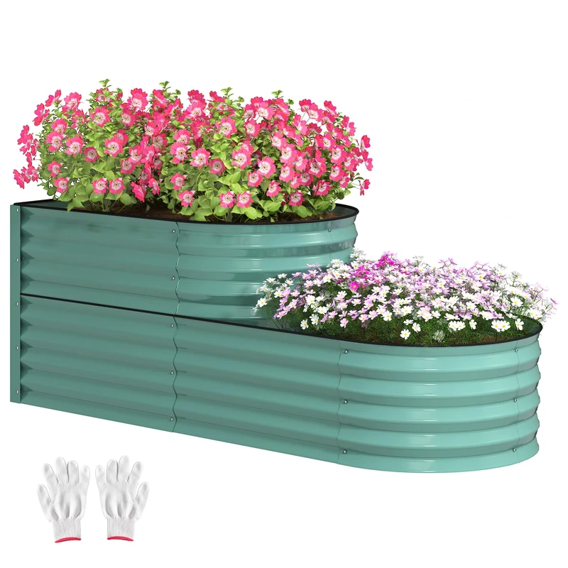 Outsunny 2-Tier Raised Garden Bed, Outdoor Galvanised Planter Box with Safety Edging and Gloves, Metal Raised Bed with Open Bottom for Vegetables, Flowers, Fruits and Herbs, Dark Green